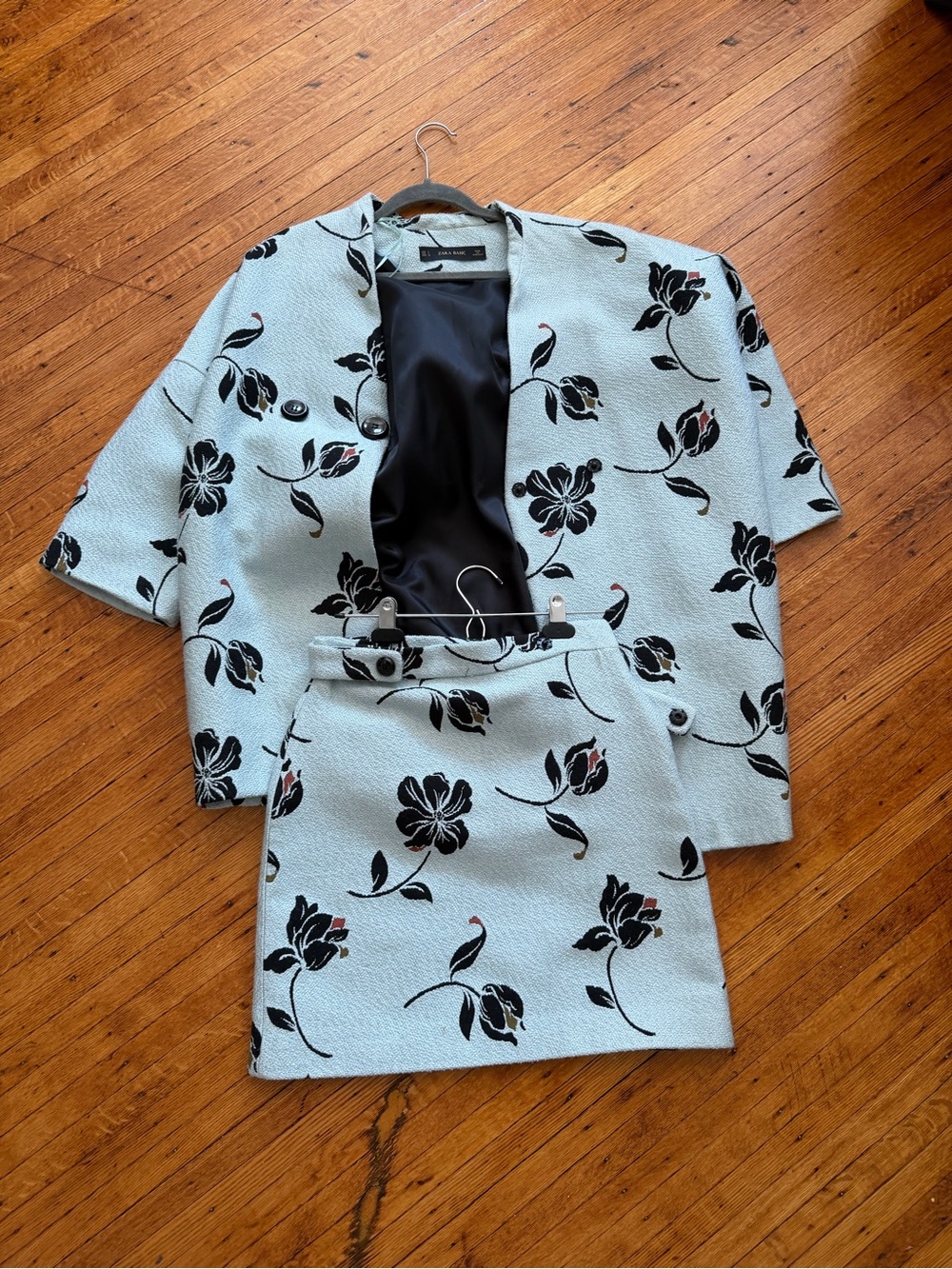 Zara Two-Piece Floral Jacquard Skirt Suit in Light Blue and Black